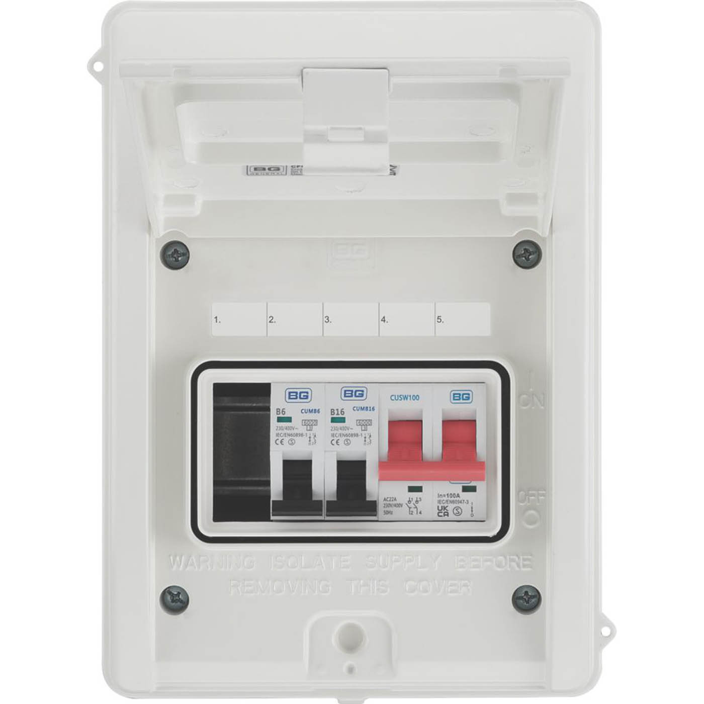 BG Garage Consumer Unit 3 Way 100A Part Populated 5 Module B MCBs Fuse Board - Image 2