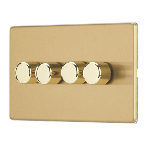 LED Dimmer Wall Switch 4-Gang 2-Way Brushed Brass Rotary Push On/Off Screwless - Image 1