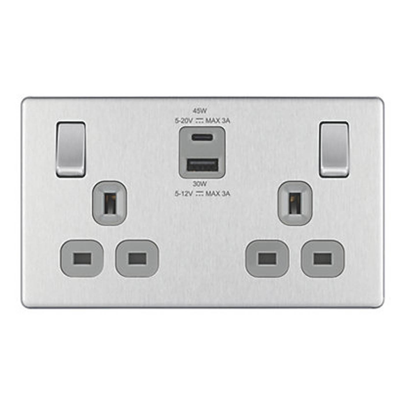 LAP 13A 2-Gang SP Switched Socket + 3A 45W 2-Outlet USB Charger Brushed Steel - Image 1