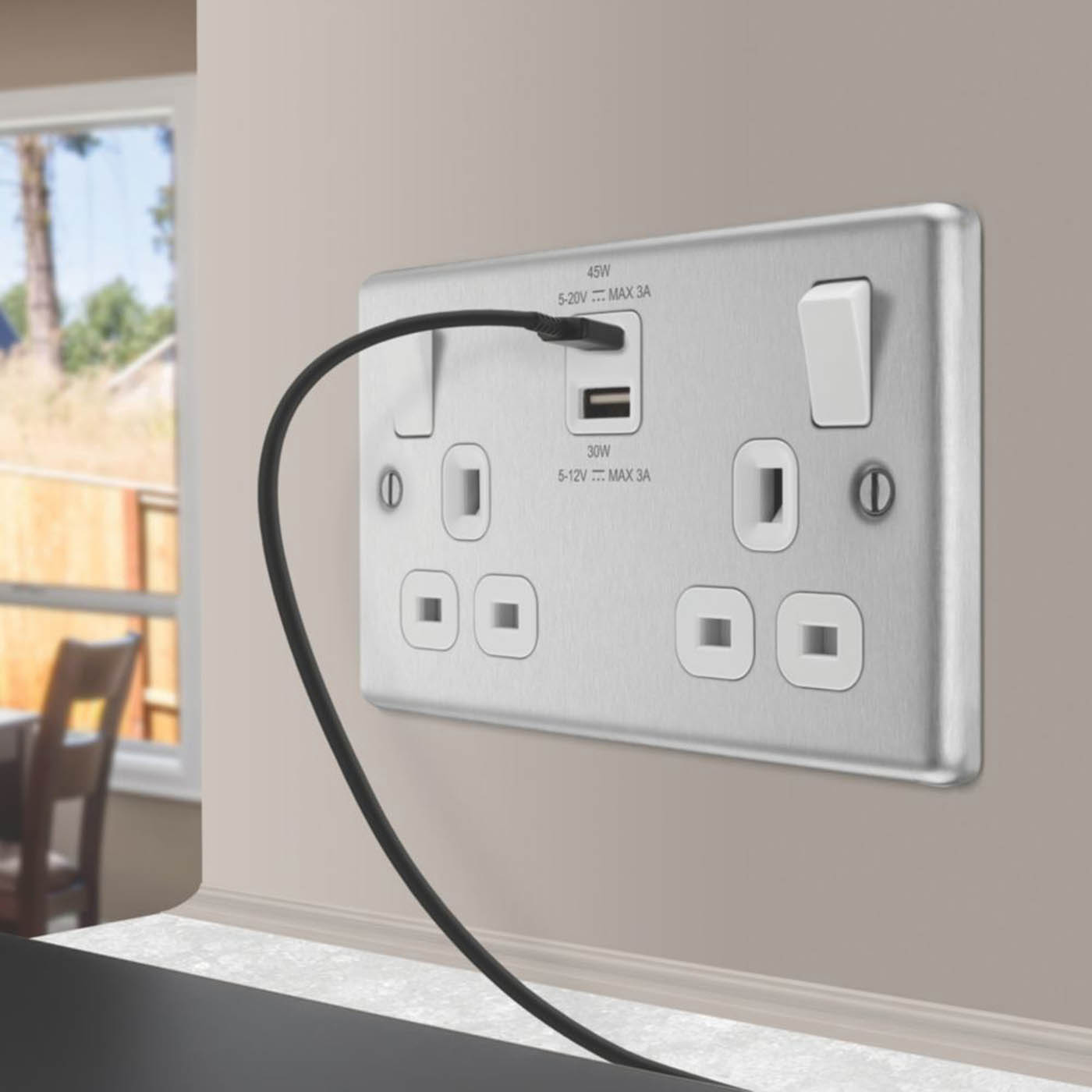 LAP Switched Socket 13A 2-Gang Type A&C USB Charger Brushed Steel White Inserts - Image 1