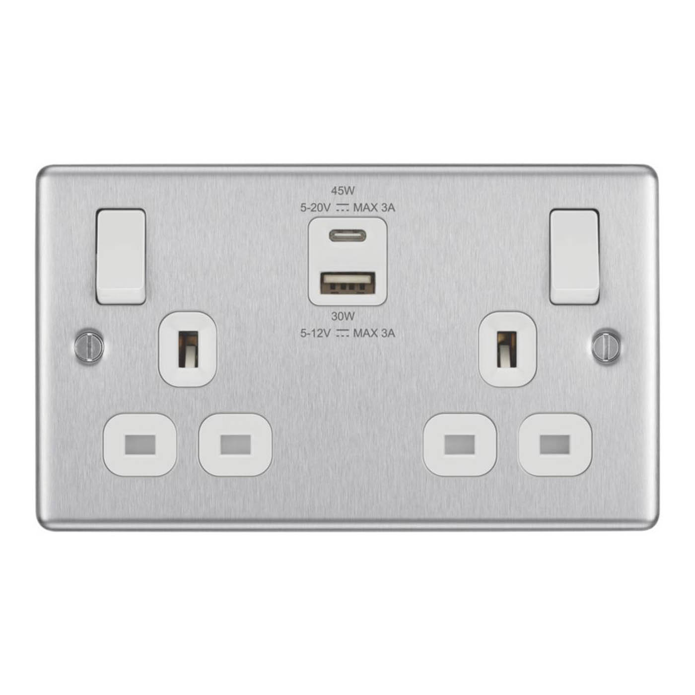 LAP Switched Socket 13A 2-Gang Type A&C USB Charger Brushed Steel White Inserts - Image 6