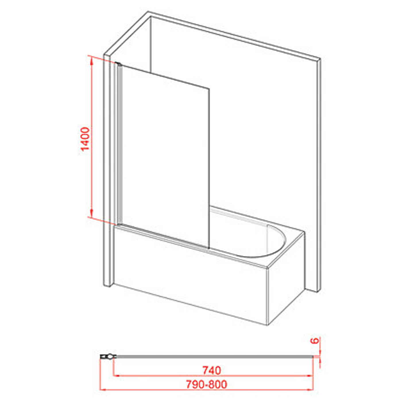 Semi-Framed Matt Black Bath Screen Reversible 800mm x 1400mm - Image 4
