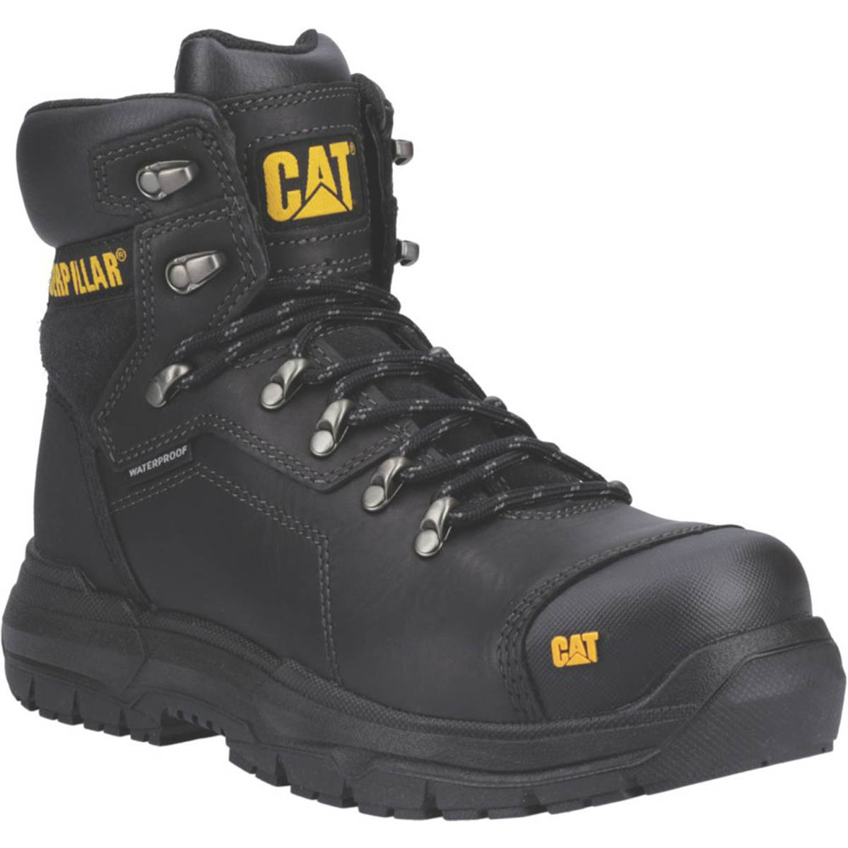 CAT Safety Boots Leather Black Steel Toe Cap Foam Footbed Waterproof Size 12 - Image 1