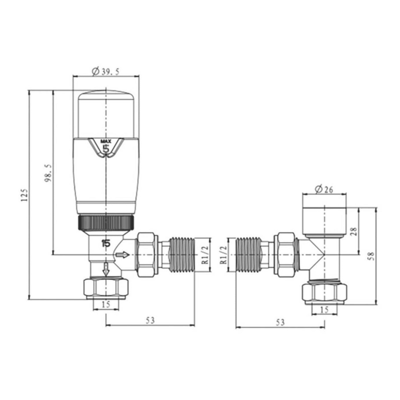 Reina Thermostatic Radiator Valve & Lockshield Modal TRV 15mm x 15mm Angled - Image 3