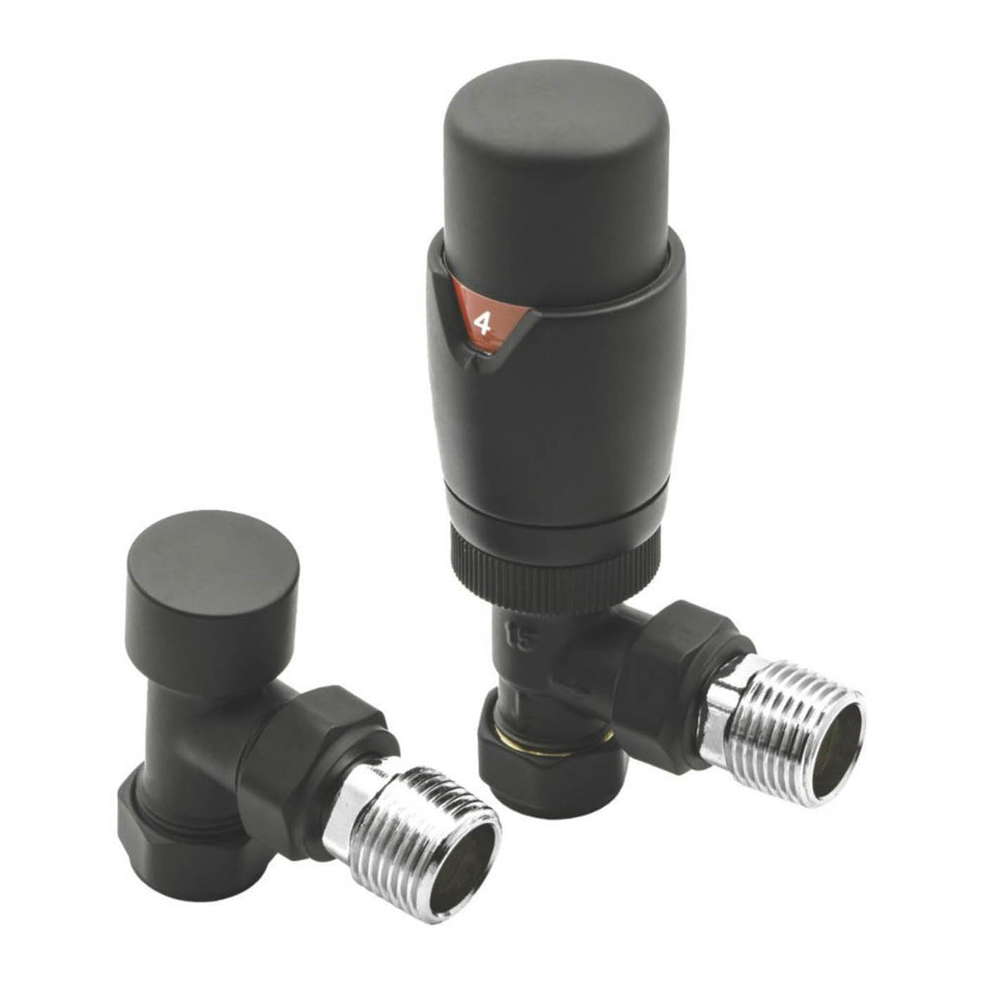 Reina Thermostatic Radiator Valve & Lockshield Modal TRV 15mmx15mm Black Angled - Image 1