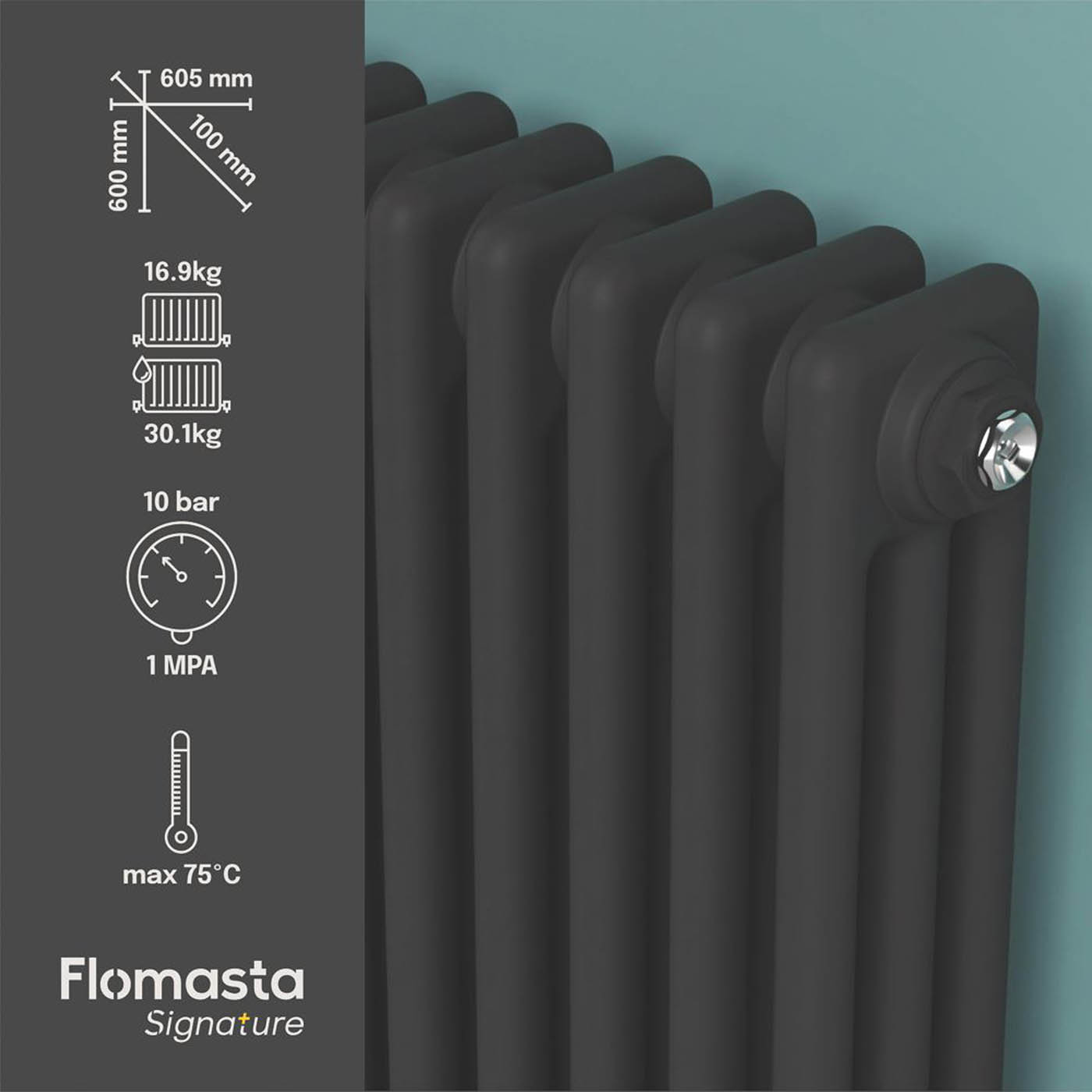 Flomasta 3 Column Radiator Black Horizontal Steel Traditional (H)60x(W)60.5cm - Image 4