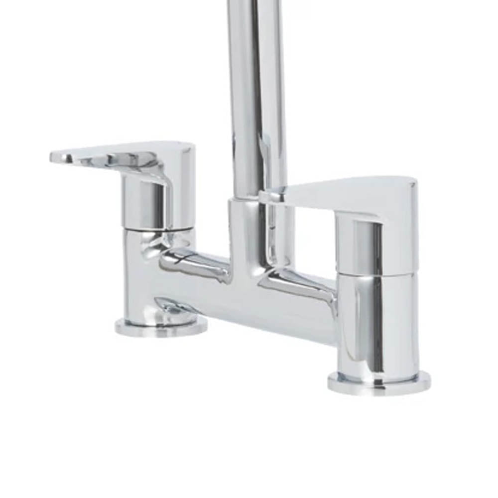 Kitchen Mixer Tap Chrome Dual Twin Lever Bridge Deck-Mounted Swivel Spout - Image 5