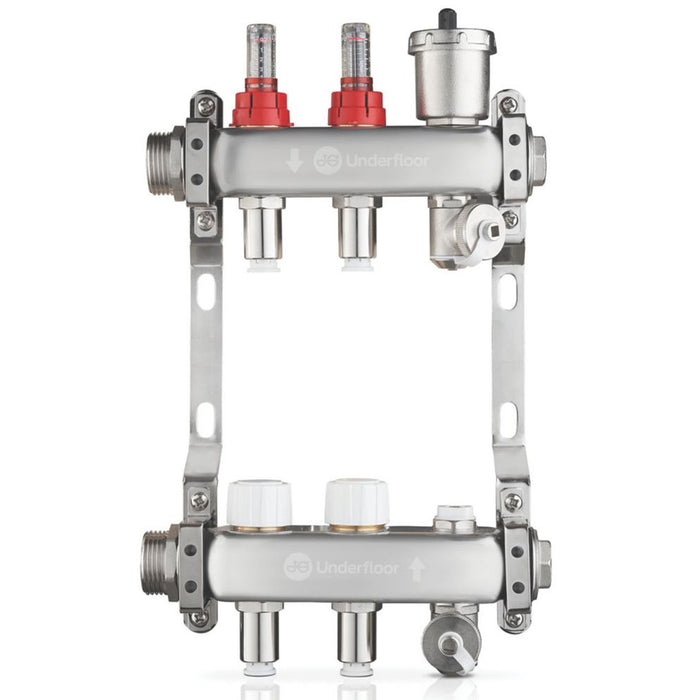 Underfloor Heating Manifold 2 Port Lowfit Brushed Steel Push-Fit Connection - Image 2