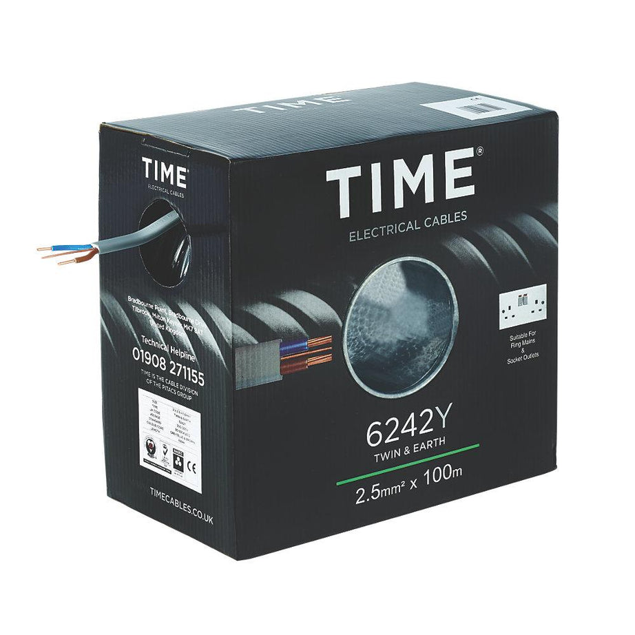Time Electrical Cable 6242Y Grey Flat Twin And Earth 2 Core Indoor Drum 100m - Image 2