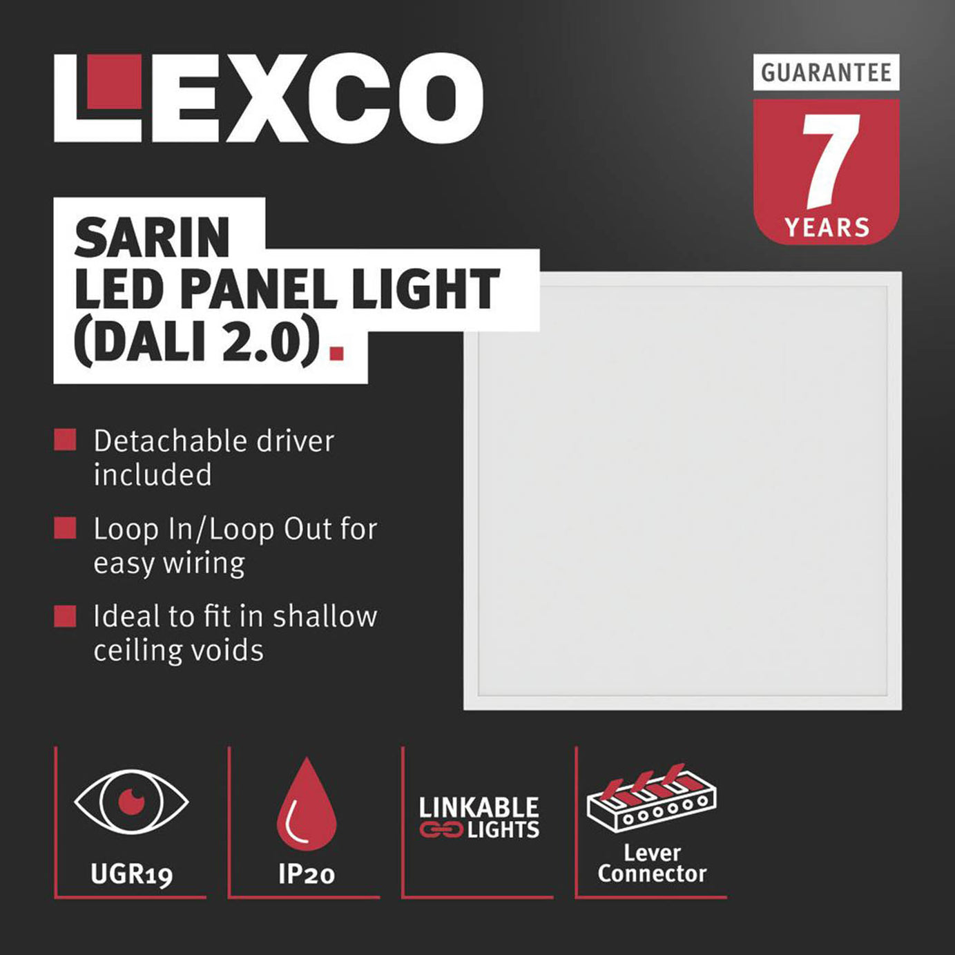 Lexco Panel Light Sarin Square 595mm x 595mm LED with DALI White 26W 3600lm - Image 2