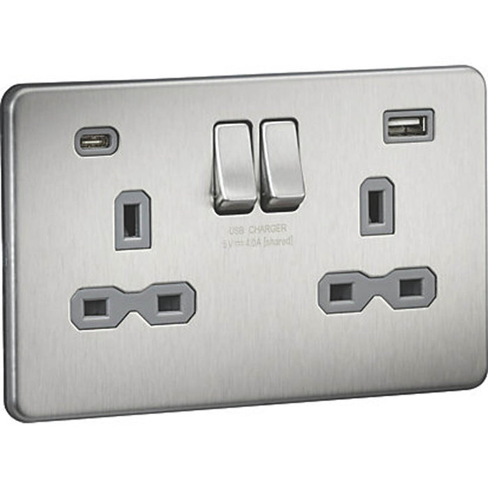 Switched Wall Socket Screwless 2 Gang USB A+C 20W Brushed Chrome Flat Profile - Image 2