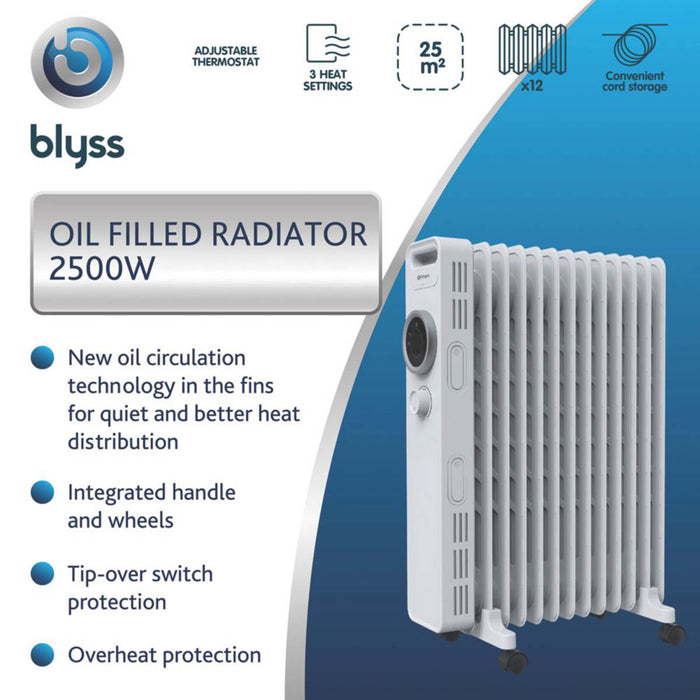 Blyss Oil-Filled Radiator 2500W Electric NY2513-24M Metal White Freestanding - Image 4