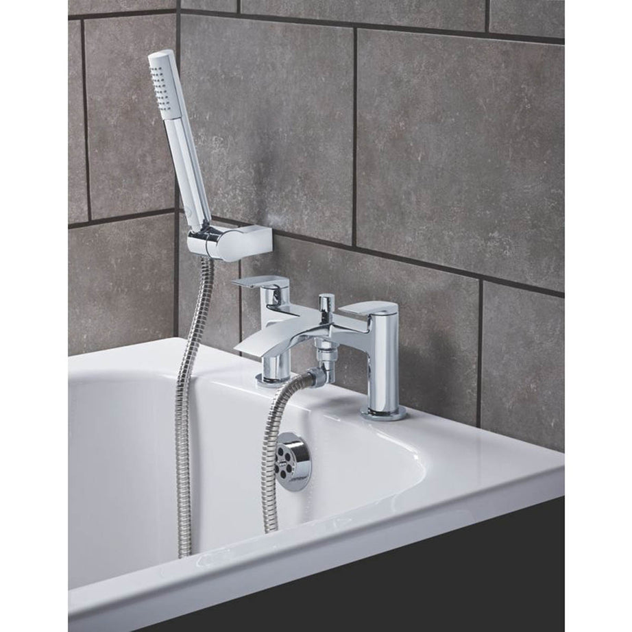 Bath Filler Tap Mixer With Hand Held Set Chrome Double Lever Rectangular Head - Image 2