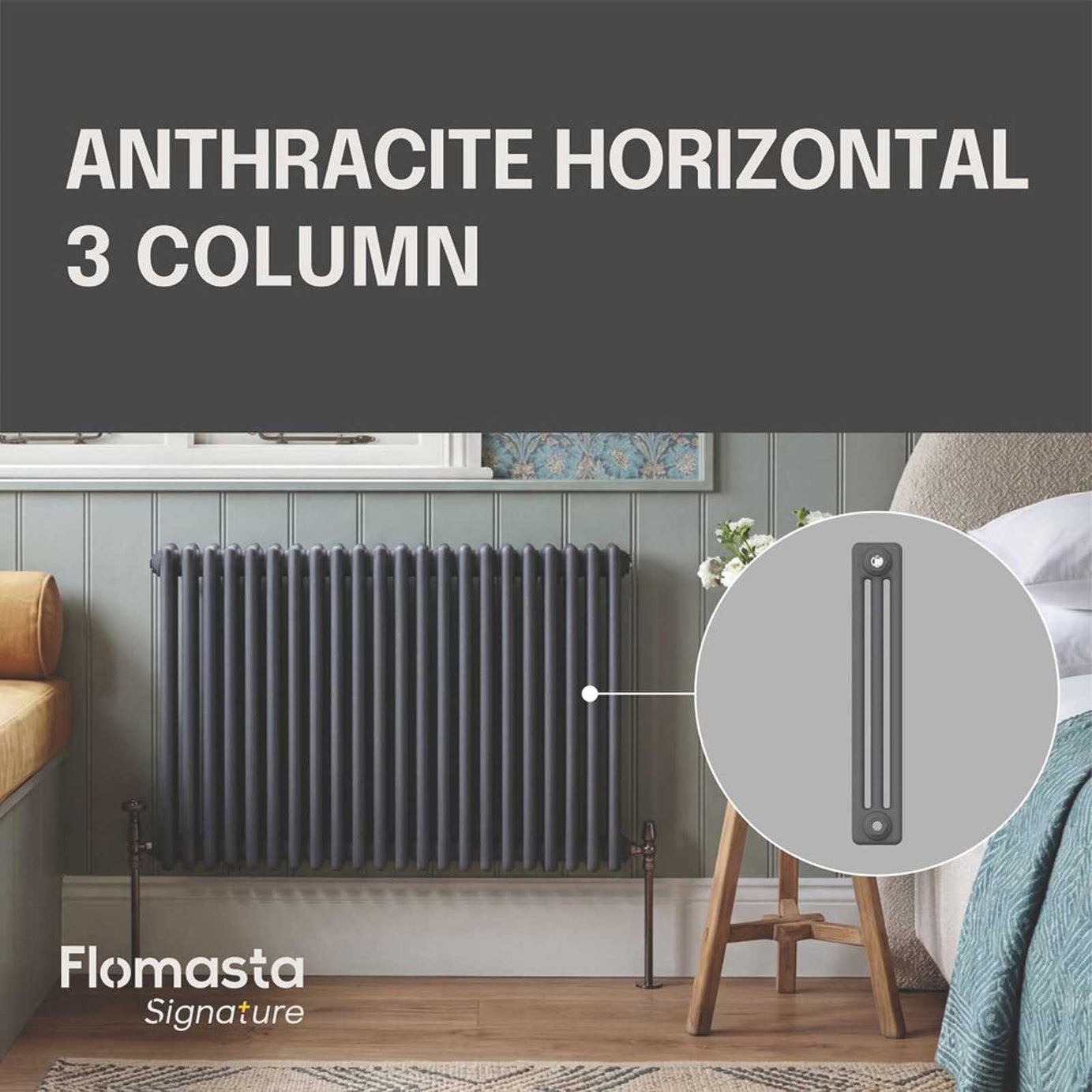 Flomasta 600mm x 1010mm 4366BTU Anthracite Horizontal 3 Column Radiator - Image 3