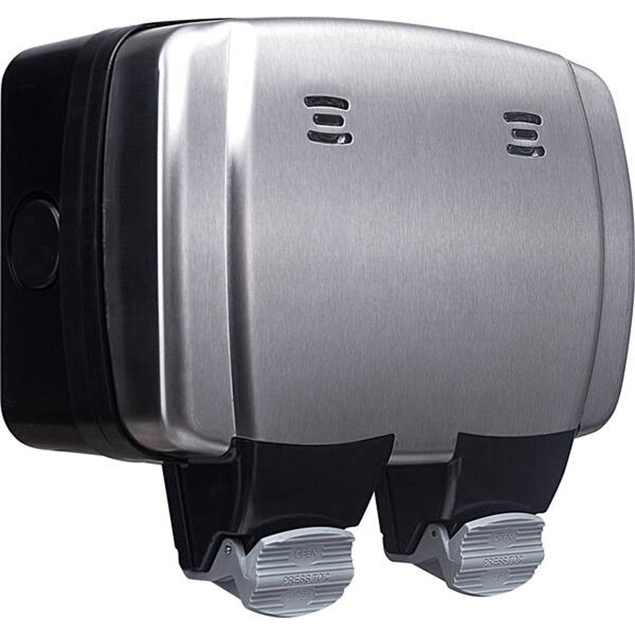BG Double Switched Socket Outdoor 13A 2 Gang IP66 Weatherproof Brushed Steel - Image 1