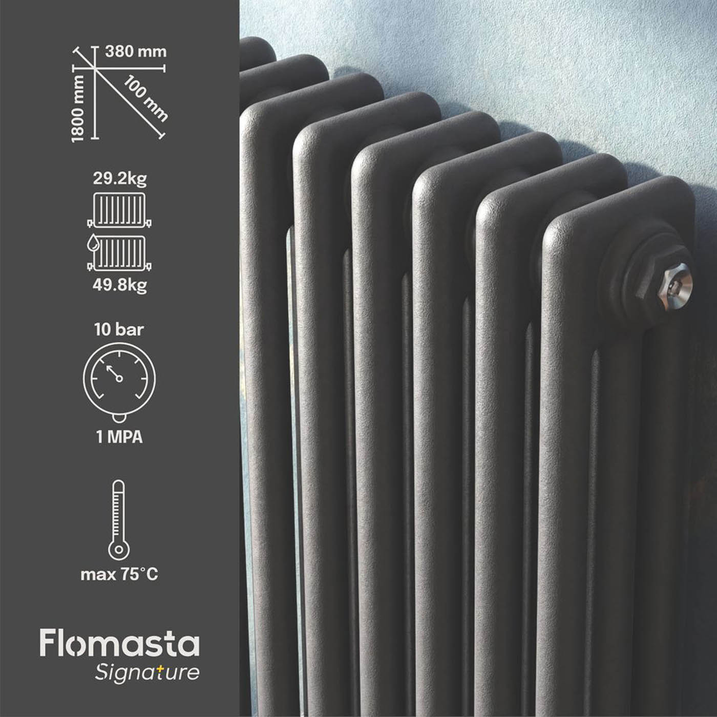 Flomasta Vertical 3 Column Radiator Anthracite 1800mm x 380mm 4520BTU - Image 4