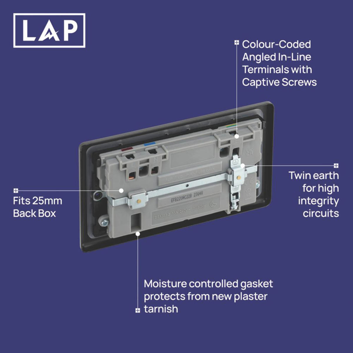 LAP Wall Plug Socket Matt Black 13A 2 Gang SP Switched Type A And C USB Charger - Image 6