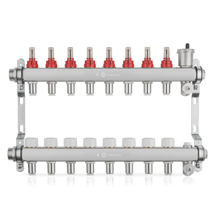 Underfloor Heating Manifold 8 Port Stainless Steel 12mm Push-Fit Connection - Image 1