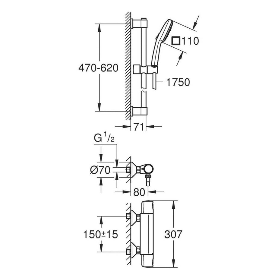Grohe Thermostatic Shower Mixer Set Chrome Exposed 3 Spray Pattern Square Head - Image 2