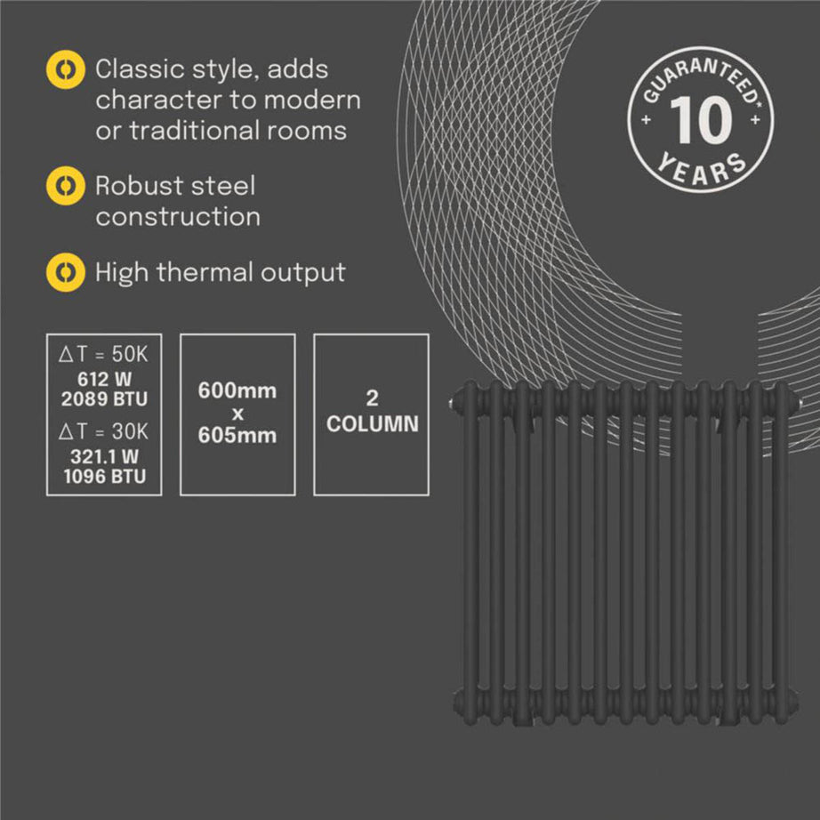 Flomasta 2 Column Radiator Square Matt Black Steel Classic H60xW60.5cm - Image 5