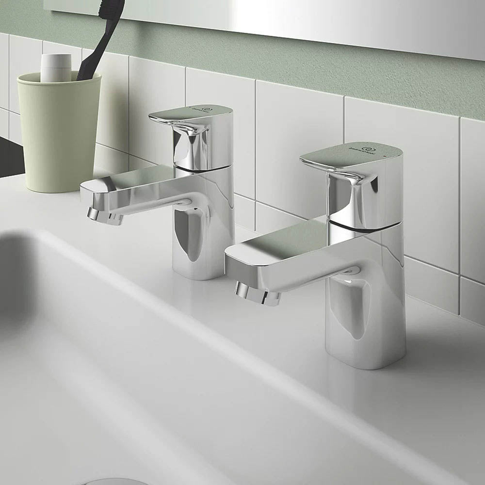 Bathroom Basin Pillar Tap Chrome Dual Lever 116mm Cloakroom Hot Cold Pair - Image 2