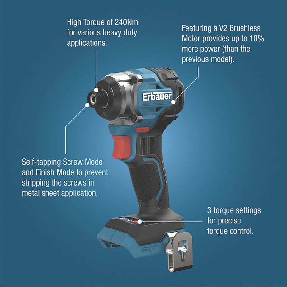 Erbauer Impact Driver Cordless 18V Li-Ion ERI1094IPD Brushless Compact Body Only - Image 3