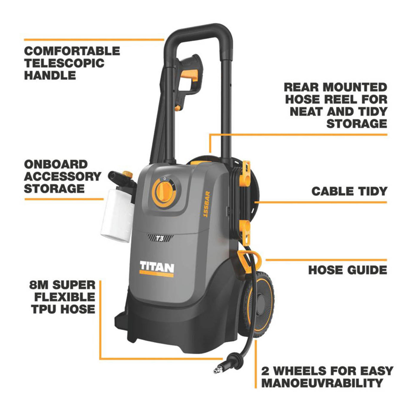 Titan Pressure Washer Electric TTB1288PRW 155bar Home Car Jet Cleaner 2200W - Image 3