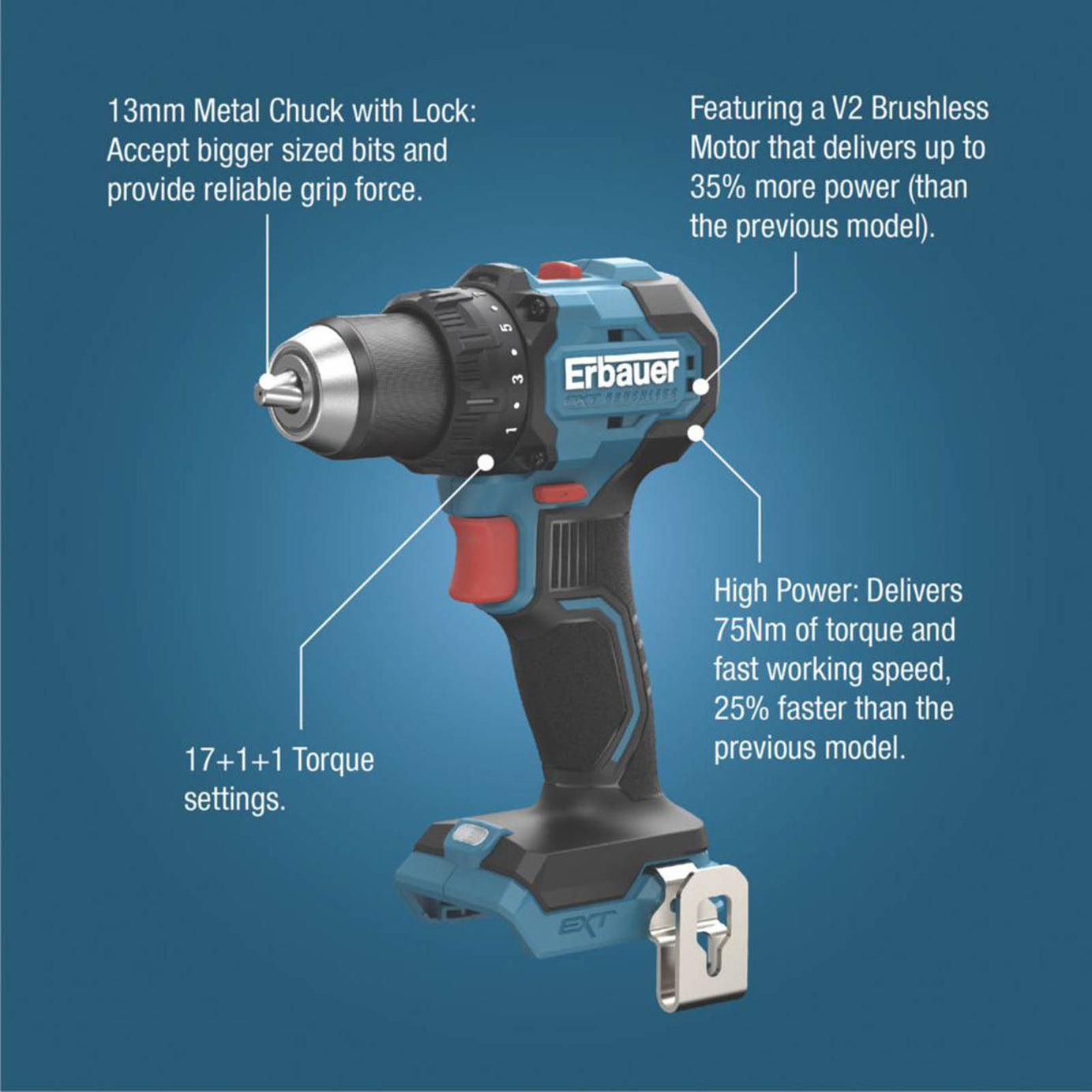 Erbauer Drill Driver Cordless 18V Li-Ion ERI1096DDH Soft Grip Compact Body Only - Image 3