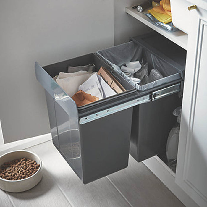 Pull Out Kitchen Wasrte Bin 2 Internal Containers Soft-Close Handle Grey 400mm - Image 5