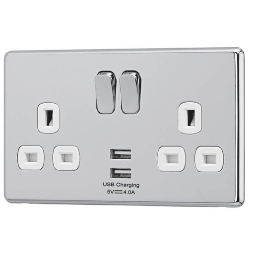 Switched Socket 13A 2 Gang SP 4A 15W 2 Outlet Type A USB Charger Polished Chrome - Image 1