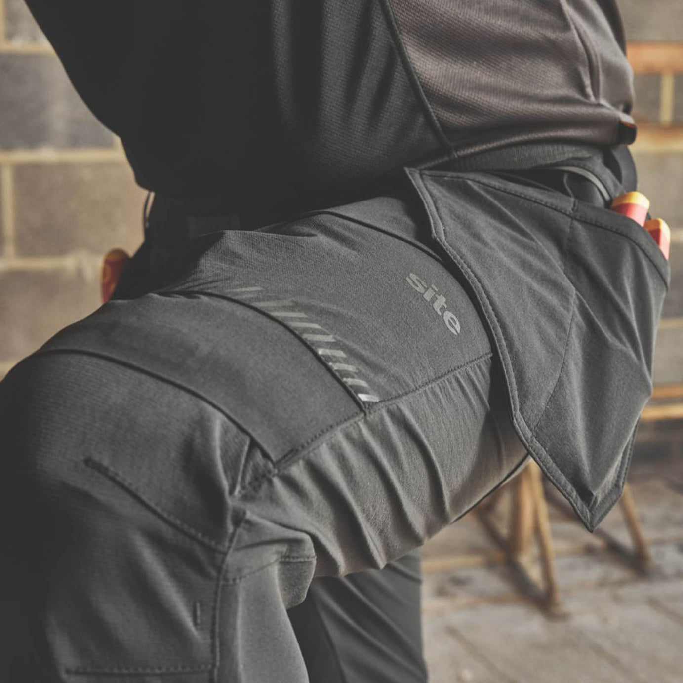 Site Work Trousers Mens Slim Fit Black Stretch Multi Pockets Cargo 30W 34L - Image 6