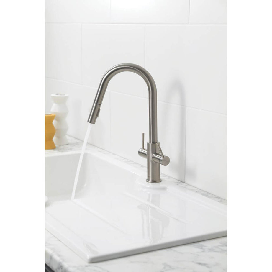 Kitchen Tap Mixer Brushed Nickel PVD Dual Lever Pull Out Spout Modern Faucet - Image 3