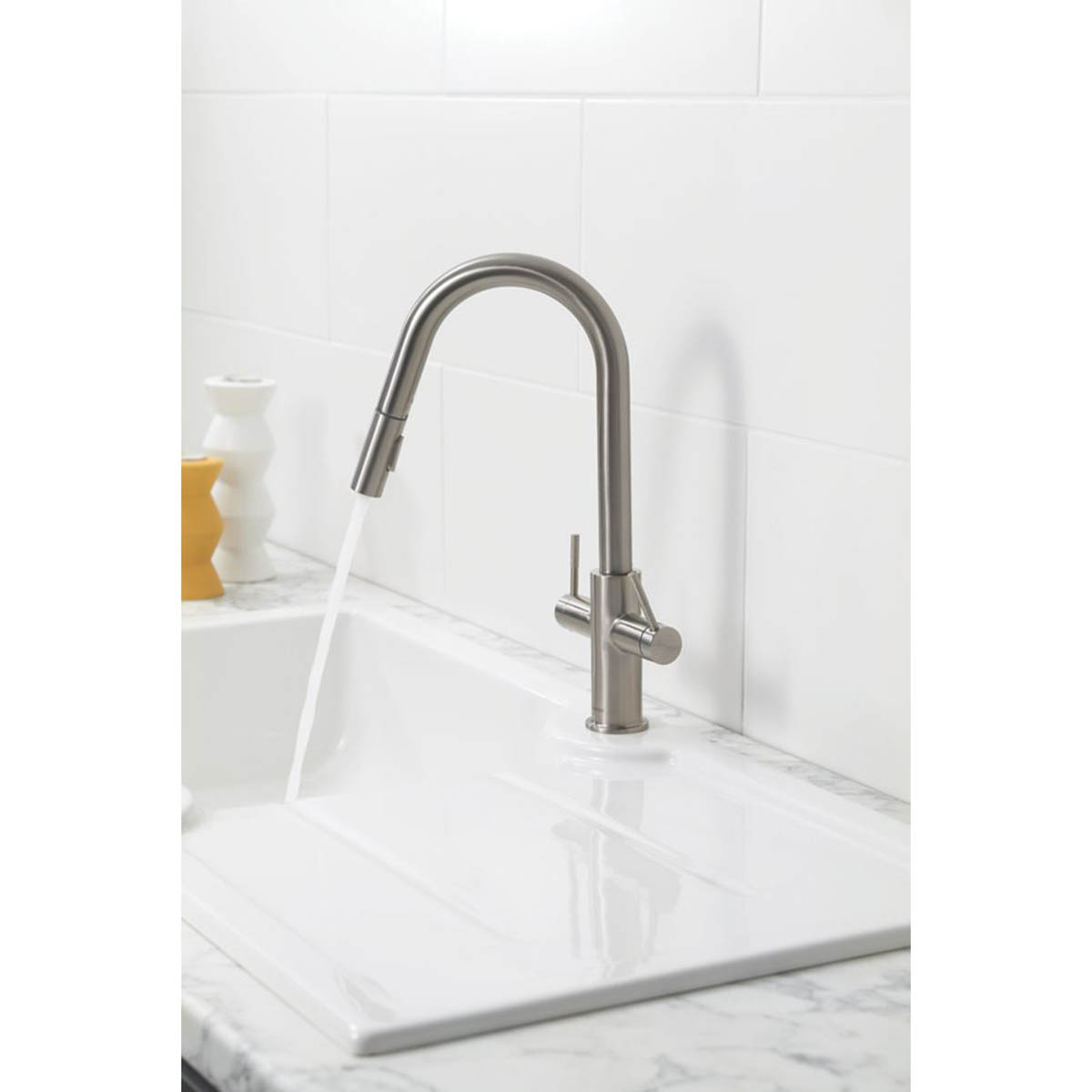 Kitchen Tap Mixer Brushed Nickel PVD Dual Lever Pull Out Spout Modern Faucet - Image 3