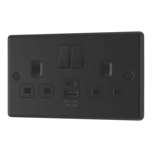 LAP Switched Socket 13A 2-Gang 12W 2-Outlet Type A & C USB Charger Matt Black - Image 1